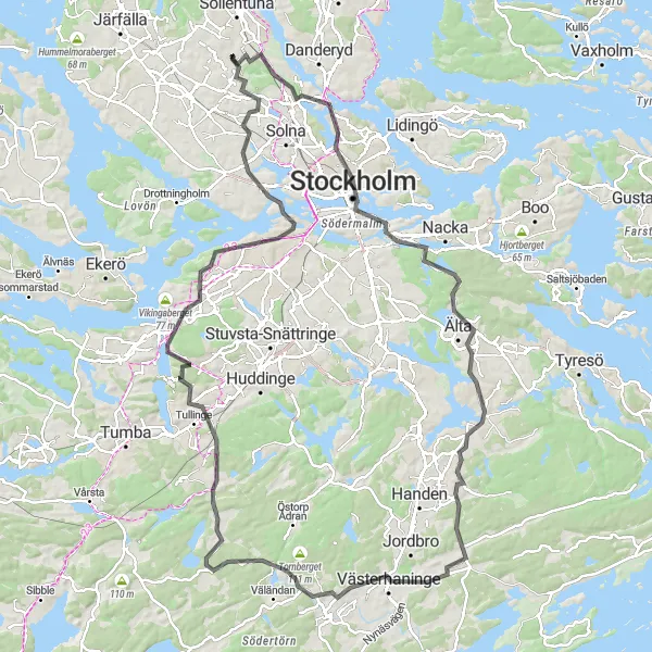 Map miniature of "Royal Palace to Hallonbergen Loop" cycling inspiration in Stockholm, Sweden. Generated by Tarmacs.app cycling route planner