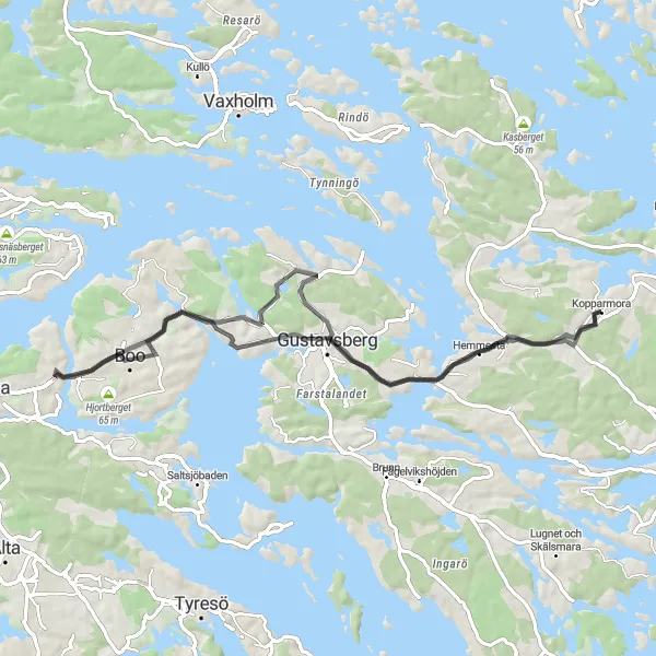 Map miniature of "Coastal Loop from Kopparmora" cycling inspiration in Stockholm, Sweden. Generated by Tarmacs.app cycling route planner