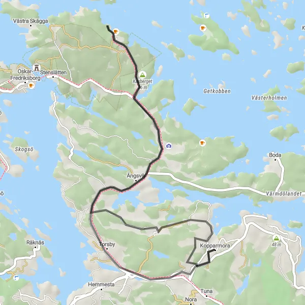 Map miniature of "Scenic Loop through Nature from Kopparmora" cycling inspiration in Stockholm, Sweden. Generated by Tarmacs.app cycling route planner