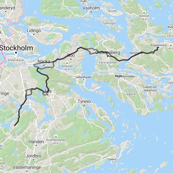 Map miniature of "Scenic Countryside Ride from Kopparmora" cycling inspiration in Stockholm, Sweden. Generated by Tarmacs.app cycling route planner