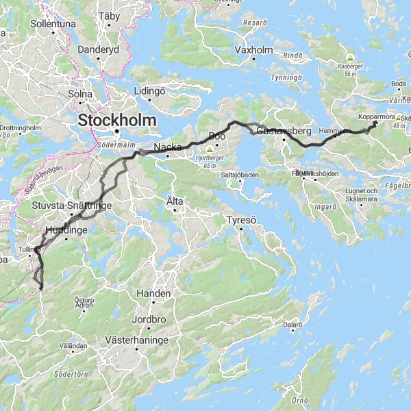 Map miniature of "Scenic Archipelago Tour from Kopparmora" cycling inspiration in Stockholm, Sweden. Generated by Tarmacs.app cycling route planner