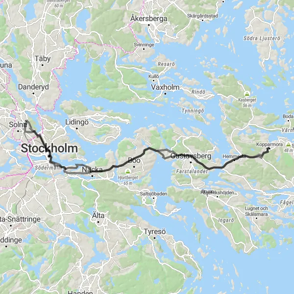 Kartminiatyr av "Kopparmora - Gustavsberg Scenic Loop" cykelinspiration i Stockholm, Sweden. Genererad av Tarmacs.app cykelruttplanerare