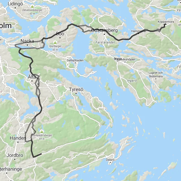 Kartminiatyr av "Kopparmora - Gustavsberg Loop" cykelinspiration i Stockholm, Sweden. Genererad av Tarmacs.app cykelruttplanerare