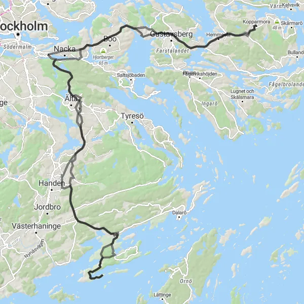 Map miniature of "Hilda's Gate and Hasslinge" cycling inspiration in Stockholm, Sweden. Generated by Tarmacs.app cycling route planner