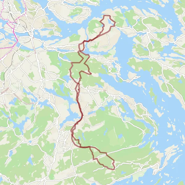 Map miniature of "Scenic Gravel Tour of Stockholm Southwest" cycling inspiration in Stockholm, Sweden. Generated by Tarmacs.app cycling route planner