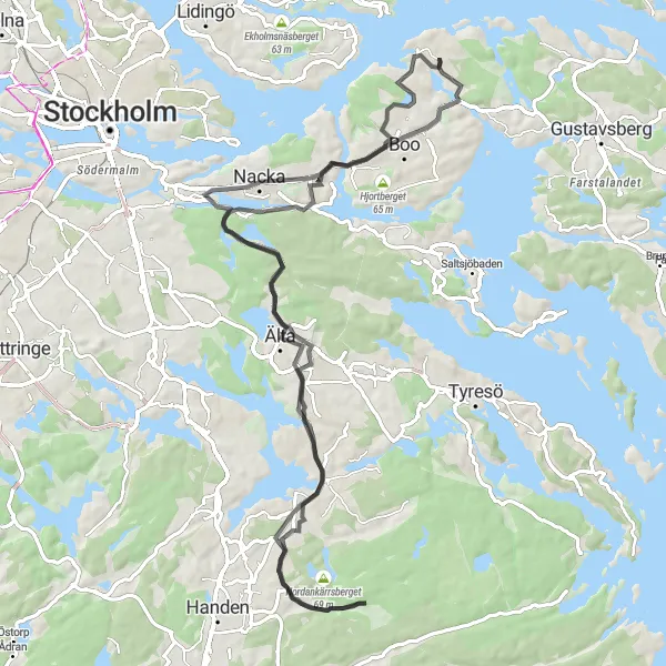 Map miniature of "Kummelnäs Road and Gravel Loop" cycling inspiration in Stockholm, Sweden. Generated by Tarmacs.app cycling route planner