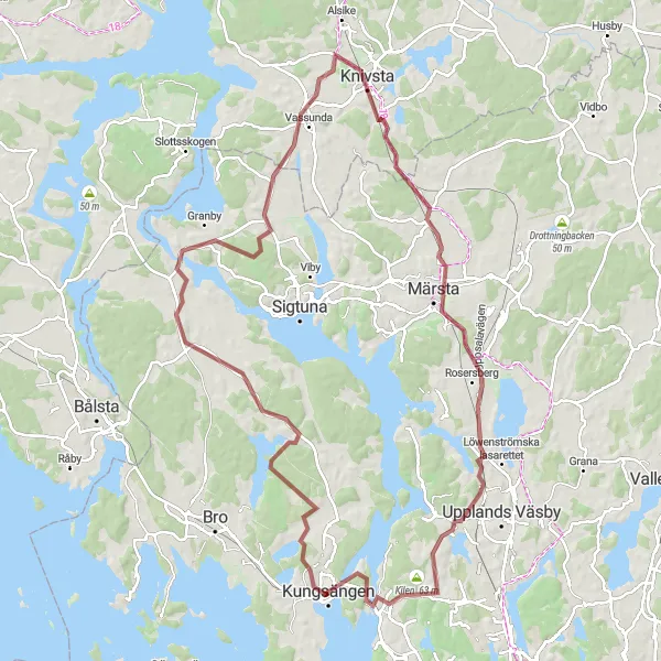 Kartminiatyr av "Erikssunds säteri och Knivsta" cykelinspiration i Stockholm, Sweden. Genererad av Tarmacs.app cykelruttplanerare