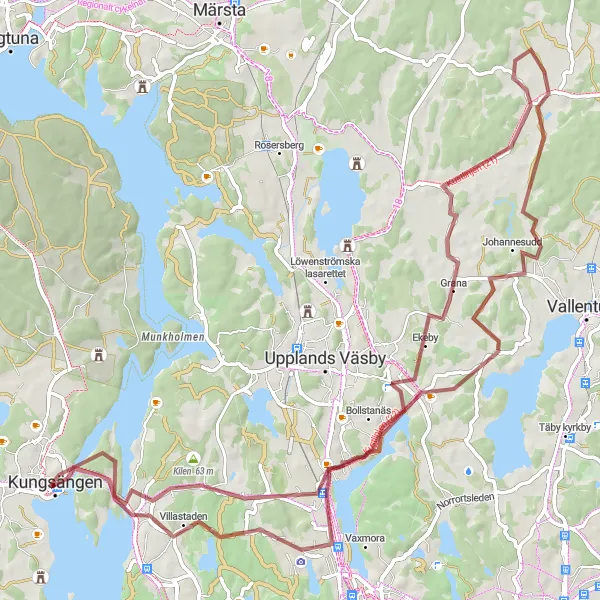 Kartminiatyr av "Grusvägar från Kungsängen till Upplands Väsby" cykelinspiration i Stockholm, Sweden. Genererad av Tarmacs.app cykelruttplanerare