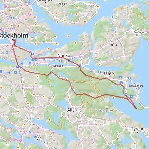 Kartminiatyr av "Kungsholmen till Fisksätra Gravel Loop" cykelinspiration i Stockholm, Sweden. Genererad av Tarmacs.app cykelruttplanerare