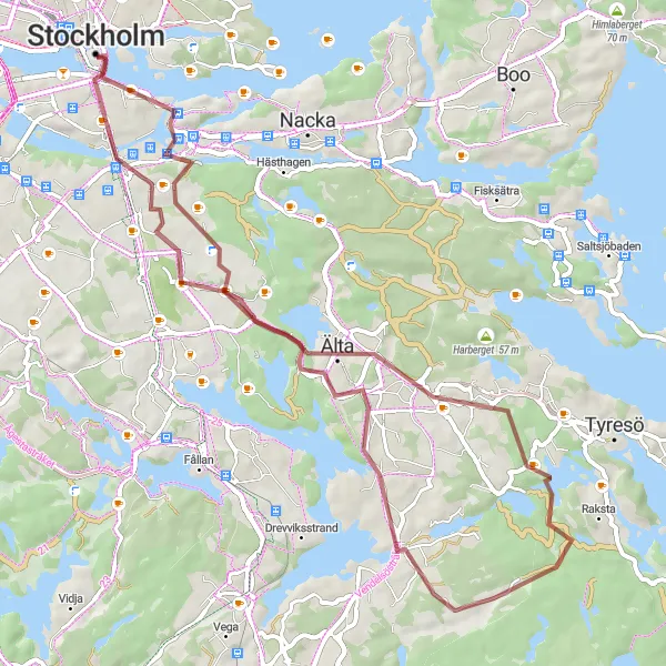 Map miniature of "Kungsholmen to Älta Gravel Cycling Route" cycling inspiration in Stockholm, Sweden. Generated by Tarmacs.app cycling route planner