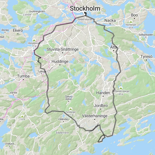 Map miniature of "Kungsholmen to Tungelsta Road Cycling Route" cycling inspiration in Stockholm, Sweden. Generated by Tarmacs.app cycling route planner