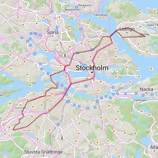 Kartminiatyr av "Grusvägar i Stockholm city" cykelinspiration i Stockholm, Sweden. Genererad av Tarmacs.app cykelruttplanerare