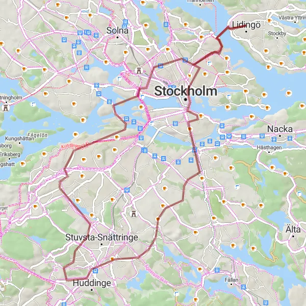 Kartminiatyr av "Grusvägar runt Stockholm" cykelinspiration i Stockholm, Sweden. Genererad av Tarmacs.app cykelruttplanerare