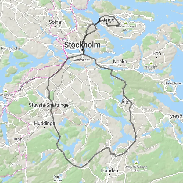 Kartminiatyr av "Stockholm - Älta rundtur" cykelinspiration i Stockholm, Sweden. Genererad av Tarmacs.app cykelruttplanerare