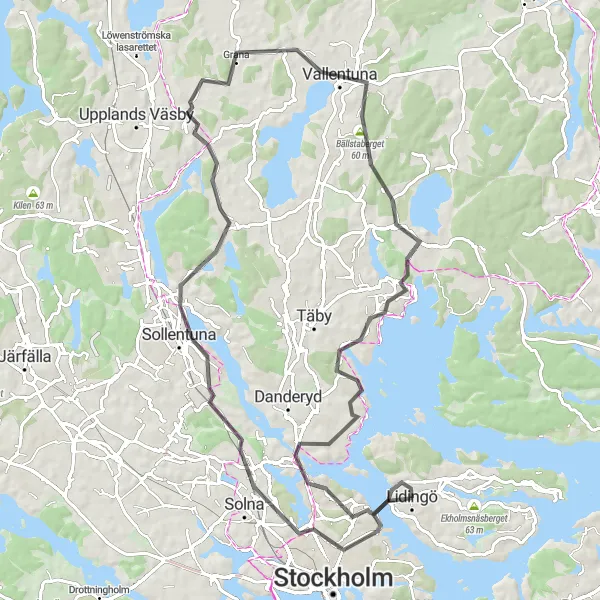 Map miniature of "Östermalm and Sollentuna Loop" cycling inspiration in Stockholm, Sweden. Generated by Tarmacs.app cycling route planner