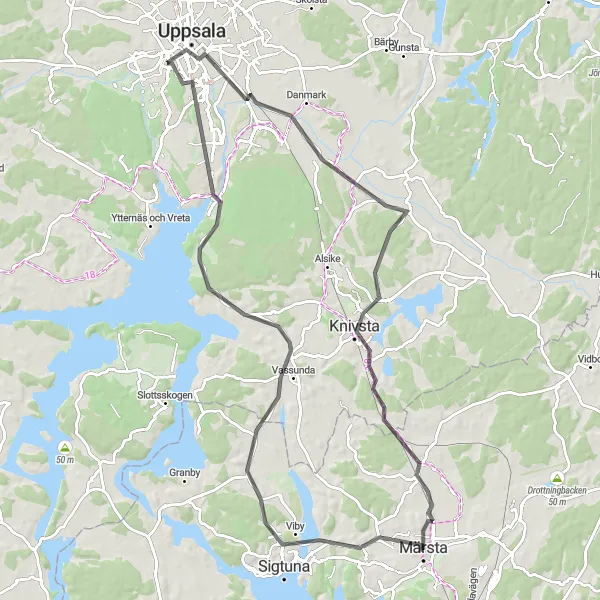 Kartminiatyr av "Märsta - Uppsala - Knivsta Rundtur" cykelinspiration i Stockholm, Sweden. Genererad av Tarmacs.app cykelruttplanerare