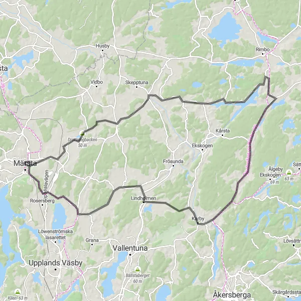 Kartminiatyr av "Arlanda till Skånelaholms slott Utvidgad" cykelinspiration i Stockholm, Sweden. Genererad av Tarmacs.app cykelruttplanerare