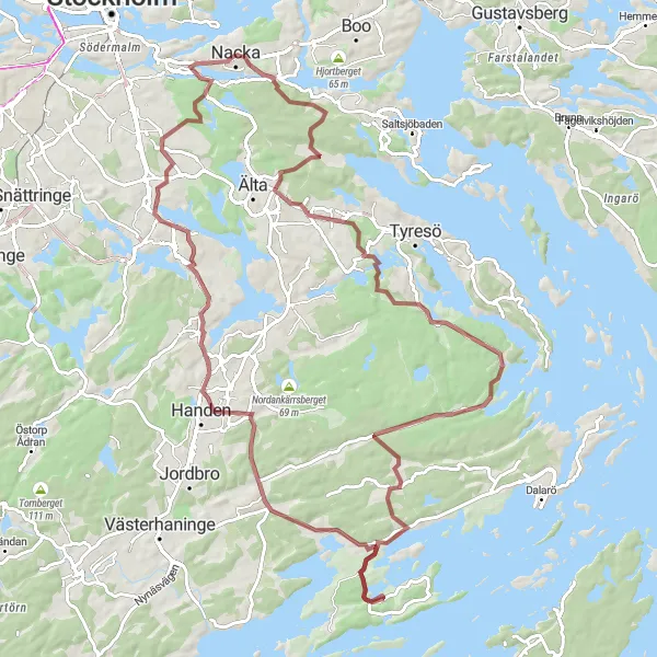 Map miniature of "Exploring Nacka's gravel wonders" cycling inspiration in Stockholm, Sweden. Generated by Tarmacs.app cycling route planner