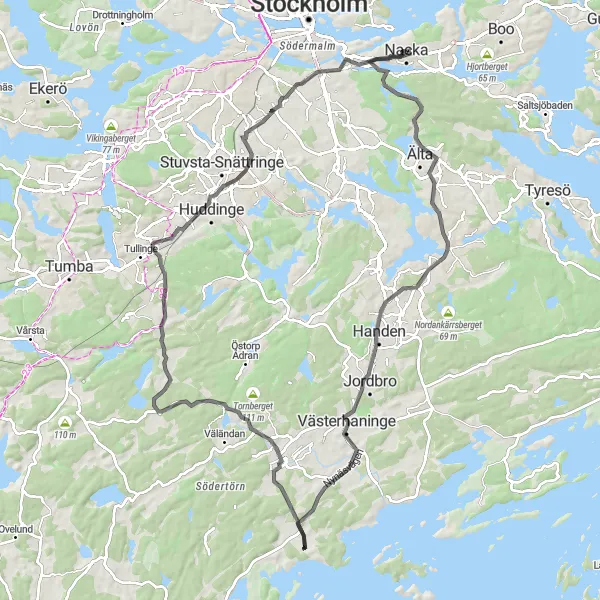 Kartminiatyr av "Älta till Enskede gård cykelrunda" cykelinspiration i Stockholm, Sweden. Genererad av Tarmacs.app cykelruttplanerare