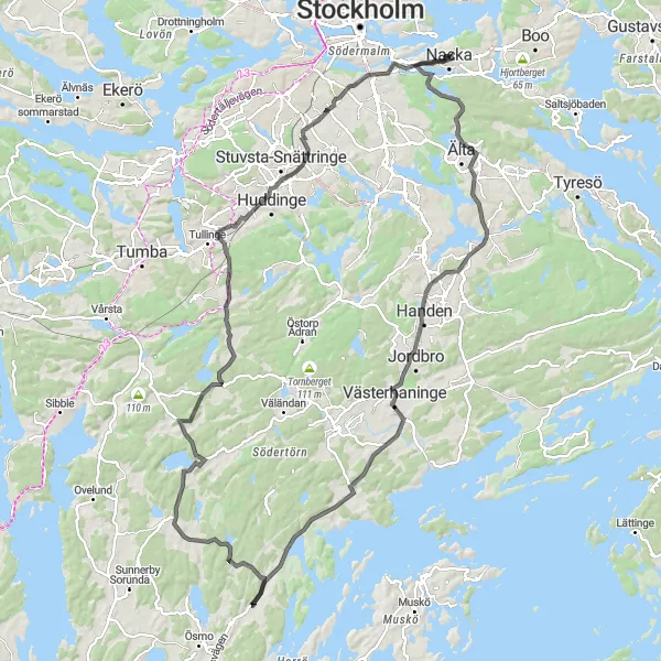 Kartminiatyr av "Älta till Hammarbytoppen cykeltur" cykelinspiration i Stockholm, Sweden. Genererad av Tarmacs.app cykelruttplanerare