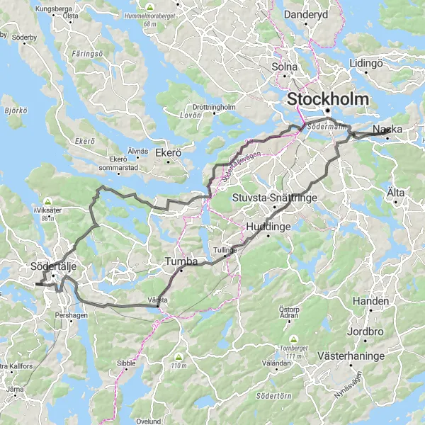 Map miniature of "Cycling Nacka's panoramic routes" cycling inspiration in Stockholm, Sweden. Generated by Tarmacs.app cycling route planner