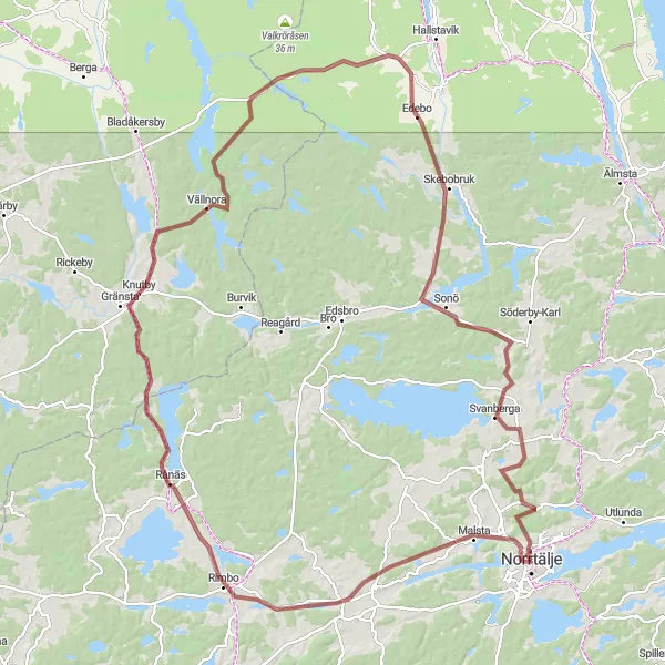 Kartminiatyr av "Historiska Sevärdheter i Rimbo" cykelinspiration i Stockholm, Sweden. Genererad av Tarmacs.app cykelruttplanerare