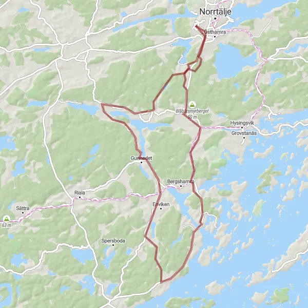 Kartminiatyr av "Blåbärsmyrberget till Österlisa via Penningby Slott" cykelinspiration i Stockholm, Sweden. Genererad av Tarmacs.app cykelruttplanerare