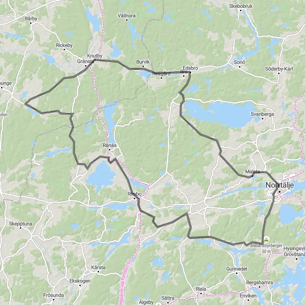 Kartminiatyr av "Norrtälje till Malsta Road Cycling Tour" cykelinspiration i Stockholm, Sweden. Genererad av Tarmacs.app cykelruttplanerare
