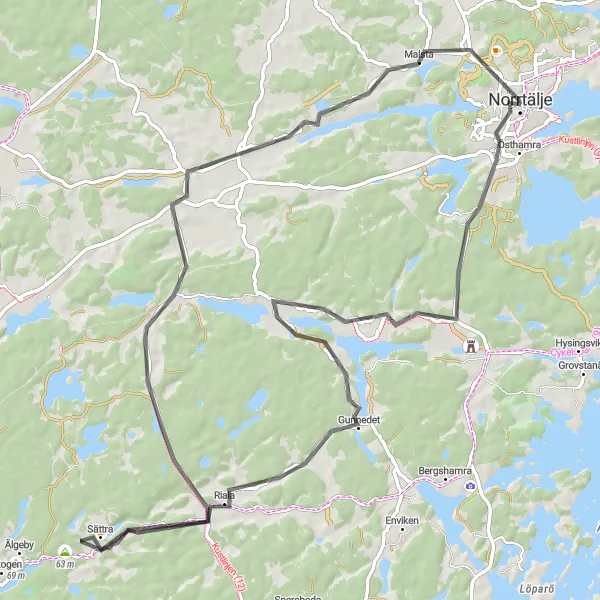 Map miniature of "The Hills of Norrtälje" cycling inspiration in Stockholm, Sweden. Generated by Tarmacs.app cycling route planner
