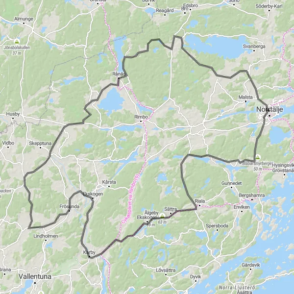 Kartminiatyr av "Norrtälje till Rånäs slott via Södra bergen" cykelinspiration i Stockholm, Sweden. Genererad av Tarmacs.app cykelruttplanerare