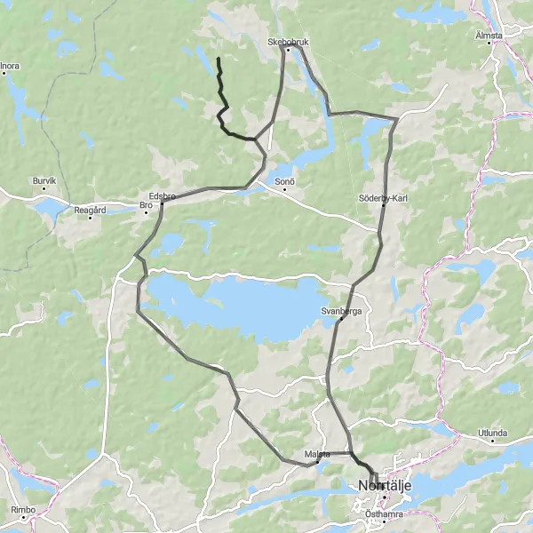 Kartminiatyr av "Malsta till Estuna Loop" cykelinspiration i Stockholm, Sweden. Genererad av Tarmacs.app cykelruttplanerare