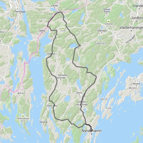 Map miniature of "Nynäshamn Road Cycling Adventure" cycling inspiration in Stockholm, Sweden. Generated by Tarmacs.app cycling route planner