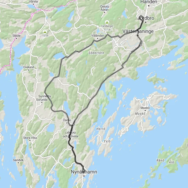 Map miniature of "Scenic Road Cycling Route near Nynäshamn" cycling inspiration in Stockholm, Sweden. Generated by Tarmacs.app cycling route planner