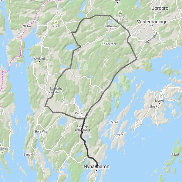 Map miniature of "Countryside Road Cycling Tour near Nynäshamn" cycling inspiration in Stockholm, Sweden. Generated by Tarmacs.app cycling route planner