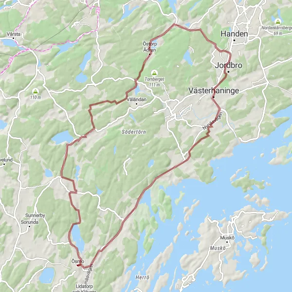 Map miniature of "Grödby to Nibble Gravel Adventure" cycling inspiration in Stockholm, Sweden. Generated by Tarmacs.app cycling route planner