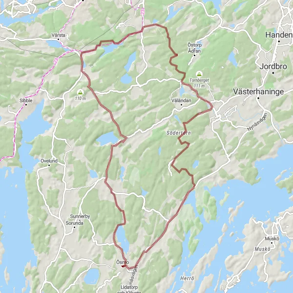 Kartminiatyr av "Grusvägsmarsch genom Ösmo och omnejd" cykelinspiration i Stockholm, Sweden. Genererad av Tarmacs.app cykelruttplanerare