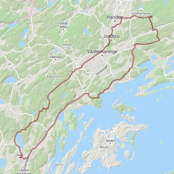 Map miniature of "Scenic Gravel Route to Nibble" cycling inspiration in Stockholm, Sweden. Generated by Tarmacs.app cycling route planner