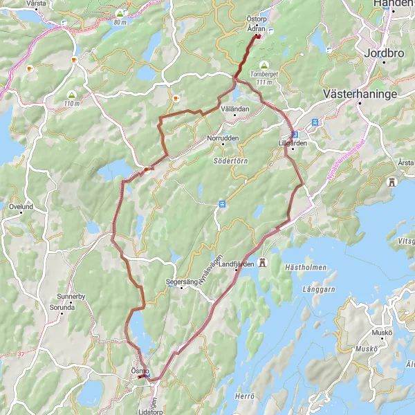 Kartminiatyr av "Äventyr på grusvägar nära Ösmo" cykelinspiration i Stockholm, Sweden. Genererad av Tarmacs.app cykelruttplanerare