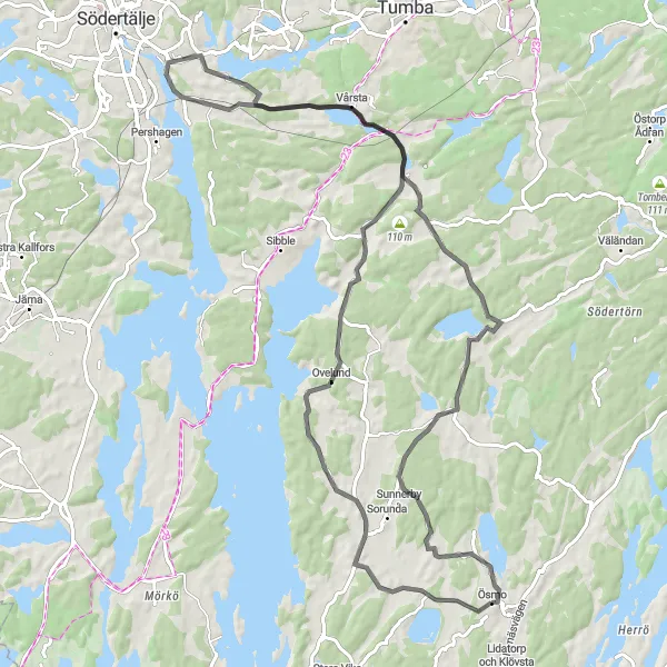 Map miniature of "Vårsta to Norrga Scenic Road Ride" cycling inspiration in Stockholm, Sweden. Generated by Tarmacs.app cycling route planner