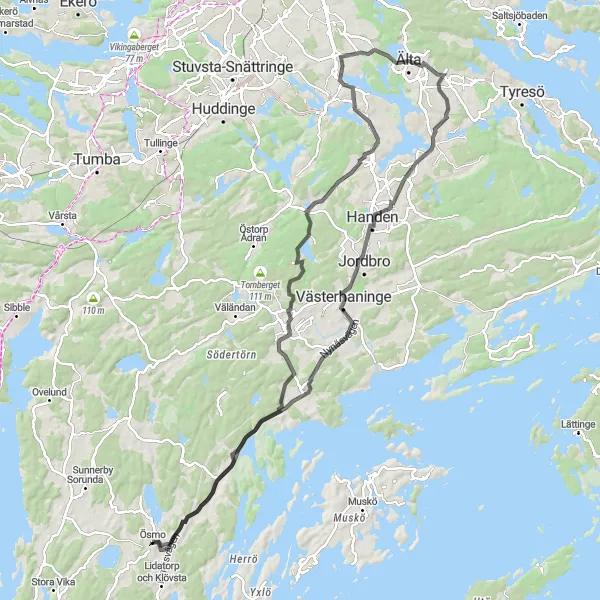 Kartminiatyr av "Ösmo Road Adventure" cykelinspiration i Stockholm, Sweden. Genererad av Tarmacs.app cykelruttplanerare