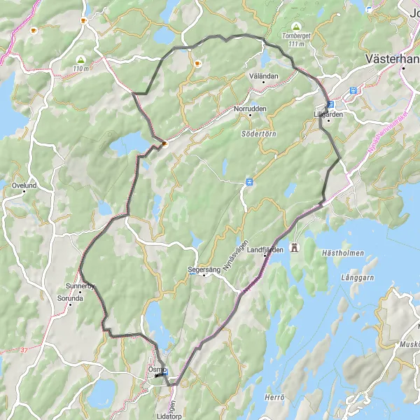 Kartminiatyr av "Grödby - Tungelsta Loop" cykelinspiration i Stockholm, Sweden. Genererad av Tarmacs.app cykelruttplanerare