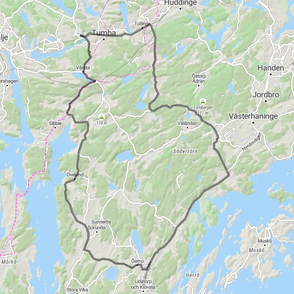 Map miniature of "Vårsta to Nibble Loop" cycling inspiration in Stockholm, Sweden. Generated by Tarmacs.app cycling route planner