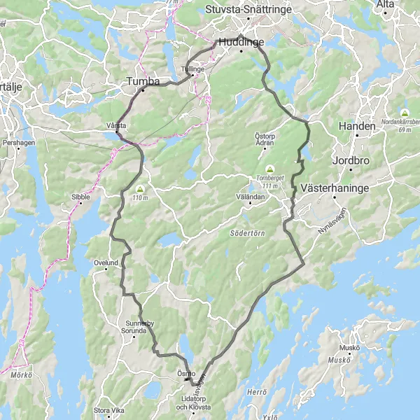 Map miniature of "Scenic Road Route to Nibble" cycling inspiration in Stockholm, Sweden. Generated by Tarmacs.app cycling route planner