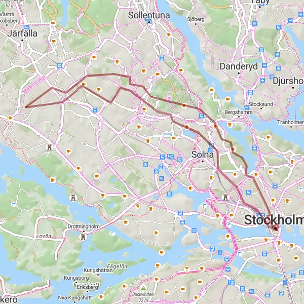 Kartminiatyr av "Grusväg runt Stockholm" cykelinspiration i Stockholm, Sweden. Genererad av Tarmacs.app cykelruttplanerare