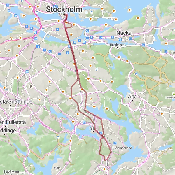 Kartminiatyr av "Grusväg Östermalm - Sköndal - Farsta" cykelinspiration i Stockholm, Sweden. Genererad av Tarmacs.app cykelruttplanerare