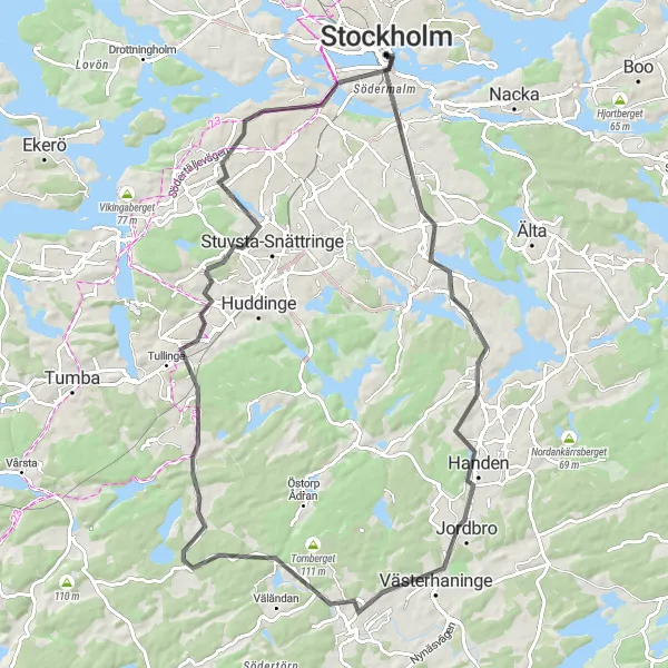 Kartminiatyr av "Östermalm - Flemingsberg" cykelinspiration i Stockholm, Sweden. Genererad av Tarmacs.app cykelruttplanerare