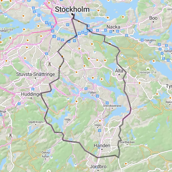 Kartminiatyr av "Vägcykling till Högdalstoppen och Katarina Elevator" cykelinspiration i Stockholm, Sweden. Genererad av Tarmacs.app cykelruttplanerare