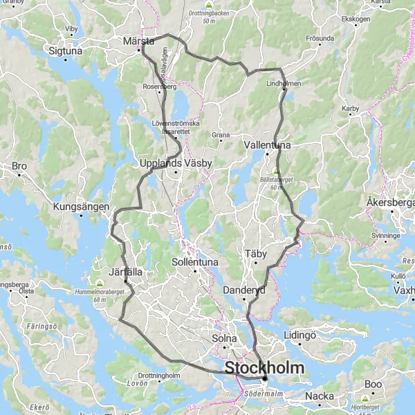 Map miniature of "Östermalm to Lindholmen" cycling inspiration in Stockholm, Sweden. Generated by Tarmacs.app cycling route planner