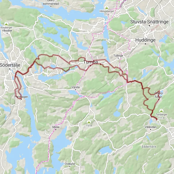 Kartminiatyr av "Grusväg till Rönninge" cykelinspiration i Stockholm, Sweden. Genererad av Tarmacs.app cykelruttplanerare