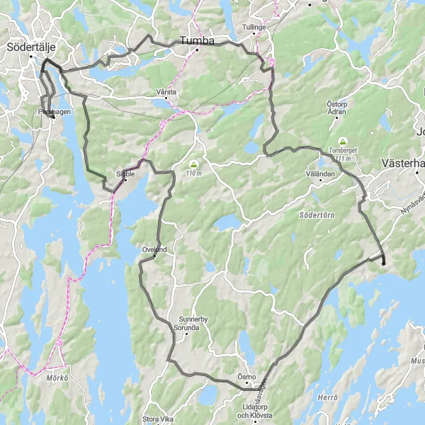 Map miniature of "The Ösmo Adventure" cycling inspiration in Stockholm, Sweden. Generated by Tarmacs.app cycling route planner